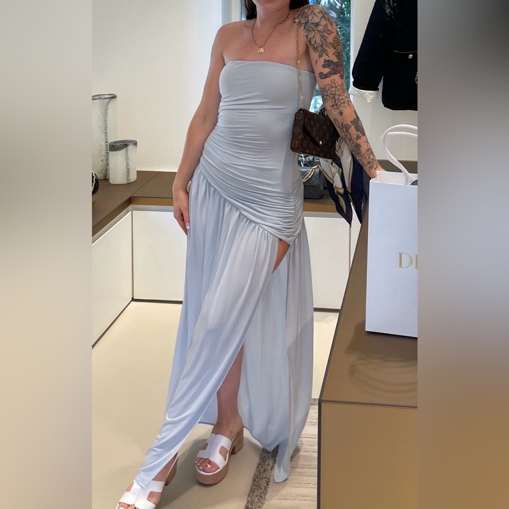 Meshki Pale Blue Ruched High-Slit Maxi Dress
